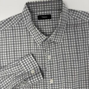 Theory Men's Gingham Check Button Down Shirt Long Sleeve‎ Size Large Gray White